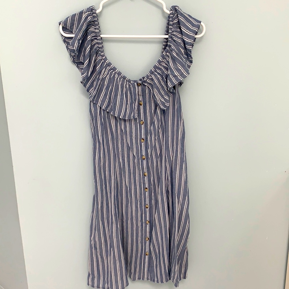 American Eagle blue and white striped off shoulder dress